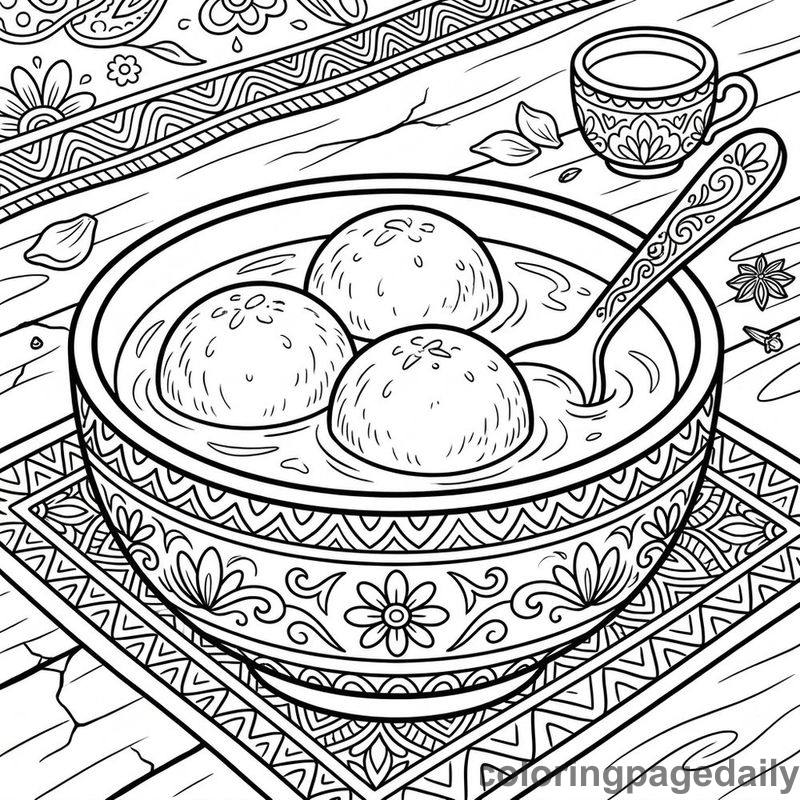 Indian Gulab Jamun Dessert Bowl - Daily printable coloring page in Food category