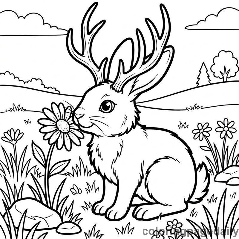 Jackalope Sniffing Meadow Daisy - Colored reference example