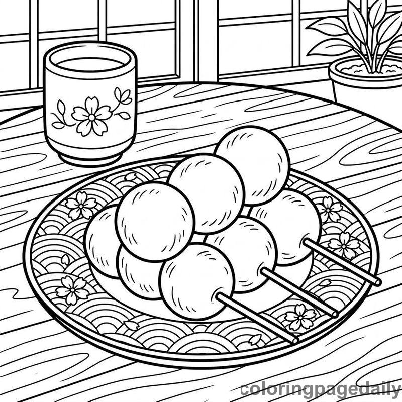 Japanese Dango Dumplings - Daily printable coloring page in Food category