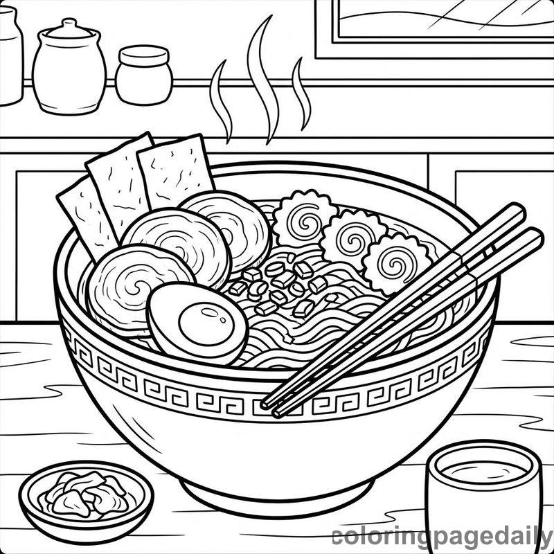 Japanese Ramen Noodle Bowl - Daily printable coloring page in Food category