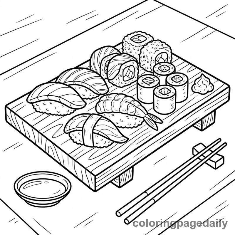 Japanese Sushi Platter - Daily printable coloring page in Food category