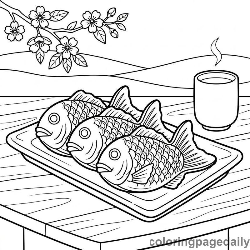 Japanese Taiyaki Pastry Plate - Daily printable coloring page in Food category