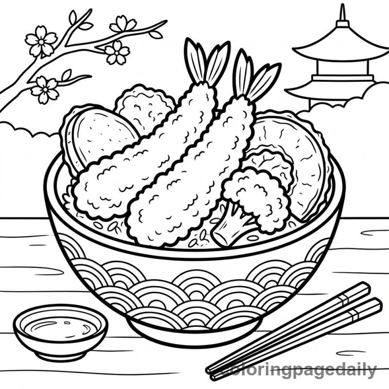 Japanese Tempura Bowl - Daily printable coloring page in Food category