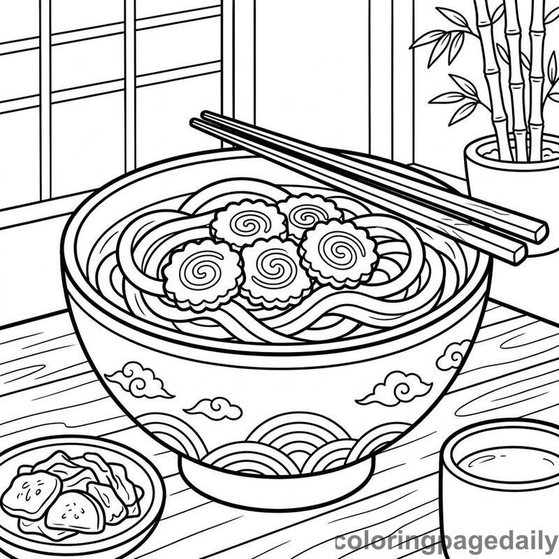 Japanese Udon Noodle Bowl - Daily printable coloring page in Food category