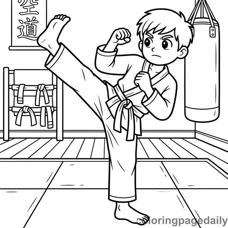 Karate High Kick - Daily printable coloring page in Sports category