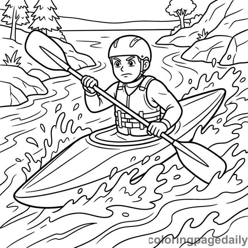 Kayaker Navigating Whitewater Rapids - Daily printable coloring page in Sports category