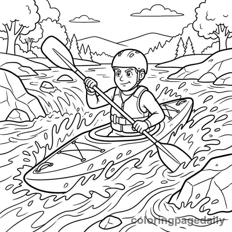 Kayaker White Water - Daily printable coloring page in Sports category