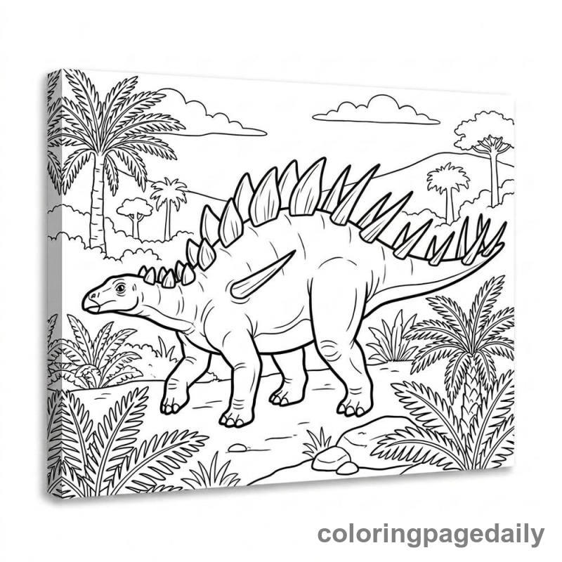 Kentrosaurus Walking in Ferns - Daily printable coloring page in Dinosaur category