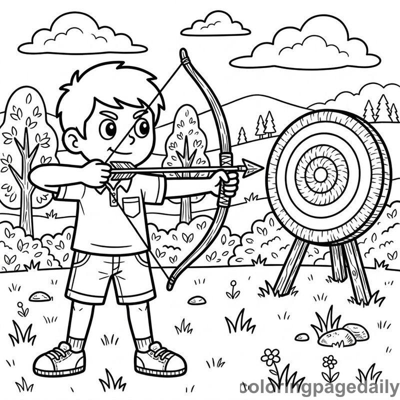 Kid Archery Practice - Daily printable coloring page in Sports category