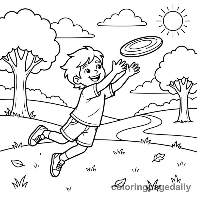 Kid Catching Frisbee - Daily printable coloring page in Sports category