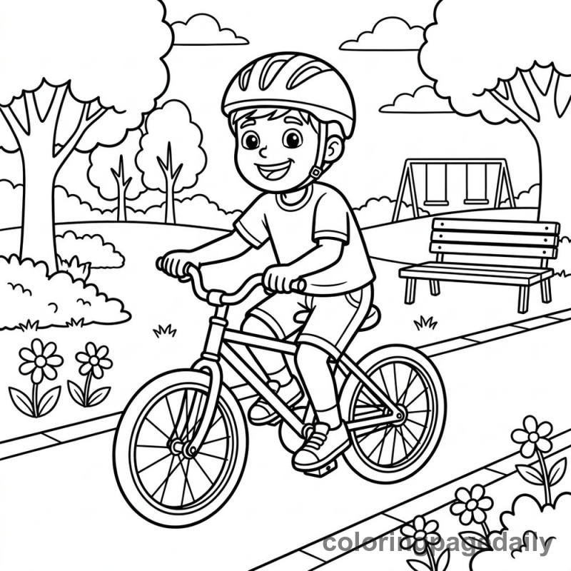 Kid Cycling in Park - Daily printable coloring page in Sports category