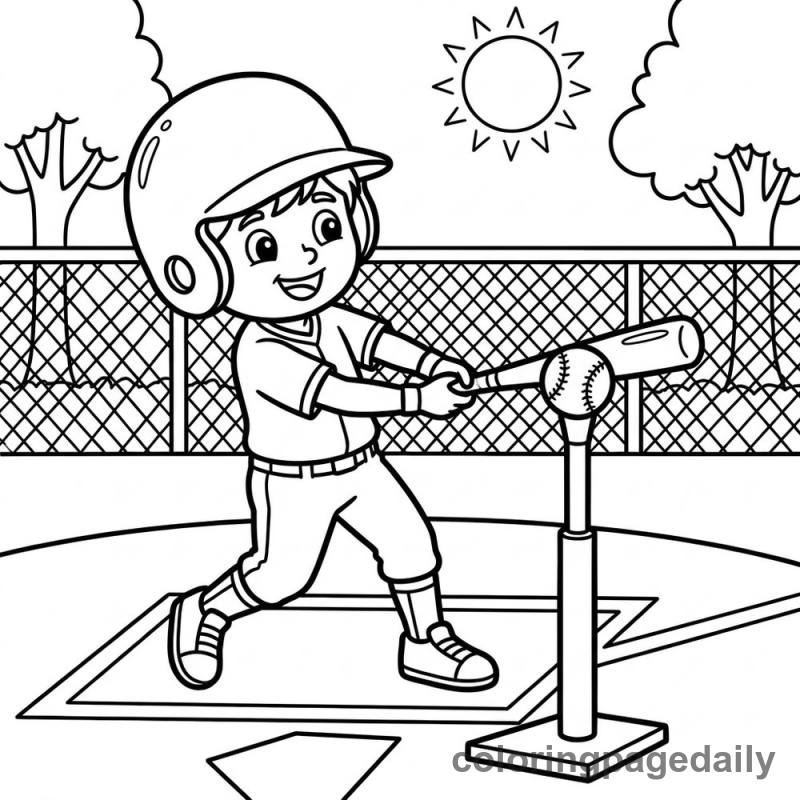 Kid Playing T-Ball - Daily printable coloring page in Sports category