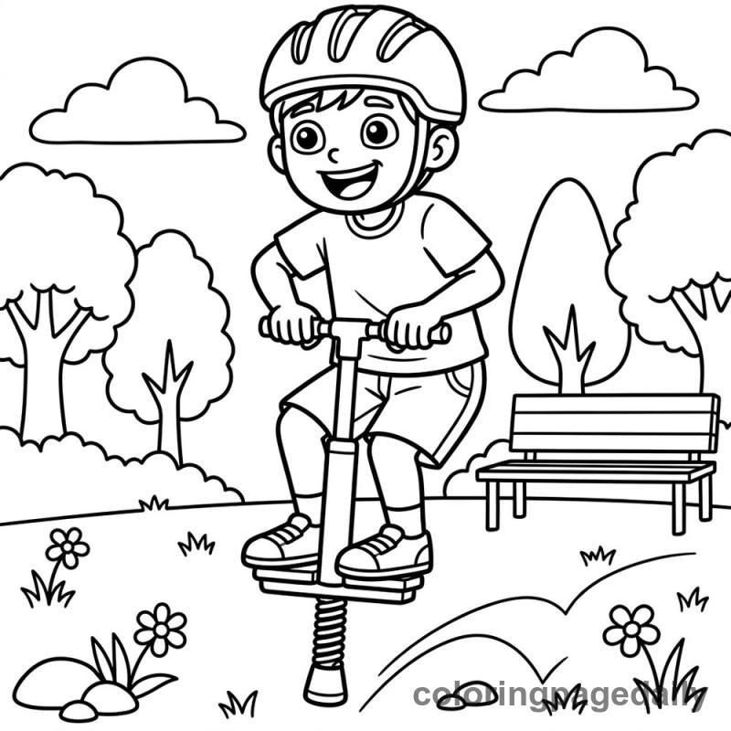 Kid Pogo Stick - Daily printable coloring page in Sports category