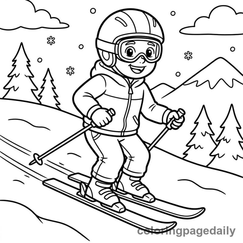 Kid Skiing Down Slope - Daily printable coloring page in Sports category