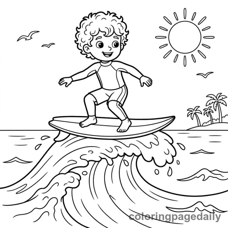 Kid Surfing Waves - Daily printable coloring page in Sports category