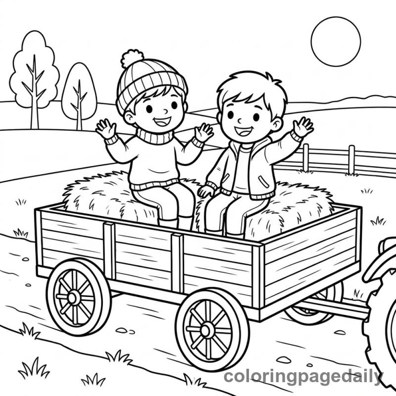 Kids Enjoying a Hayride - Daily printable coloring page in Thanksgiving category