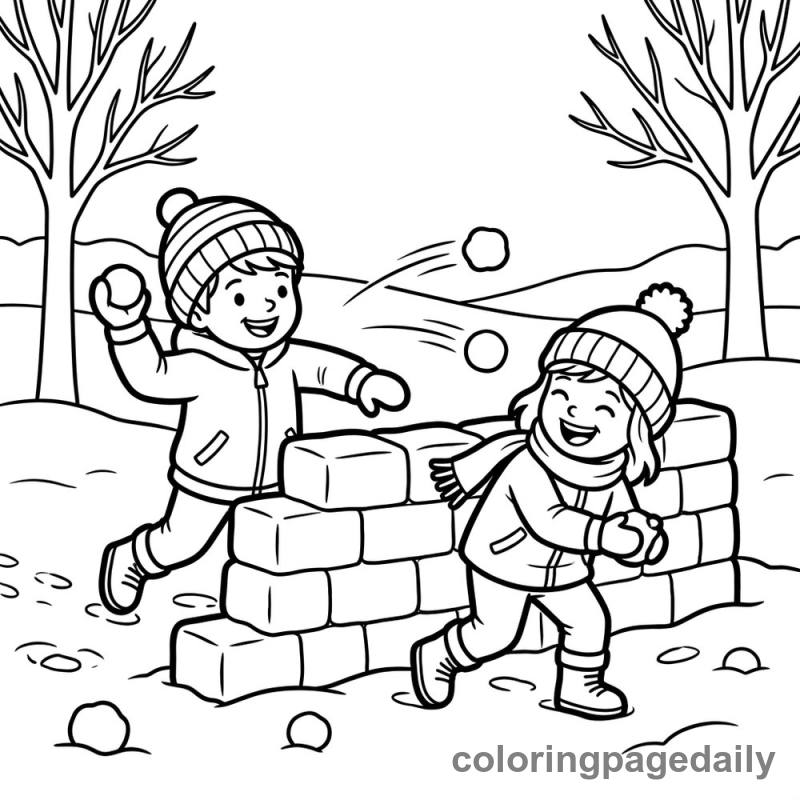 Kids Having a Snowball Fight - Daily printable coloring page in Winter and Snow Season category