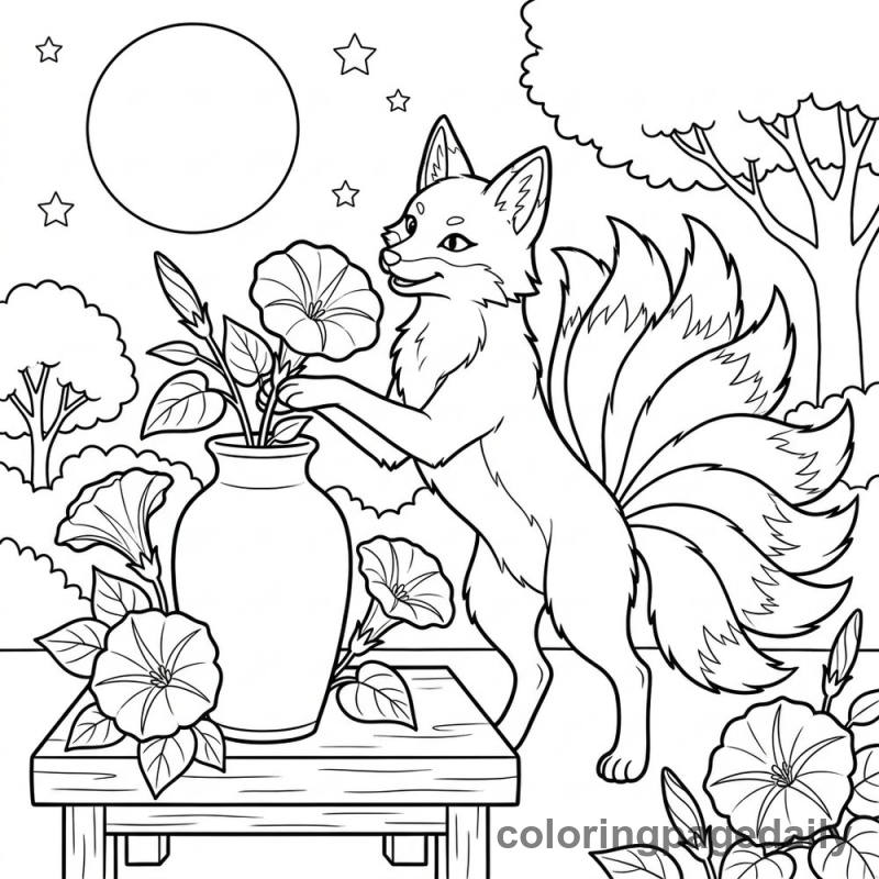 Kitsune Arranging Moonflowers - Colored reference example