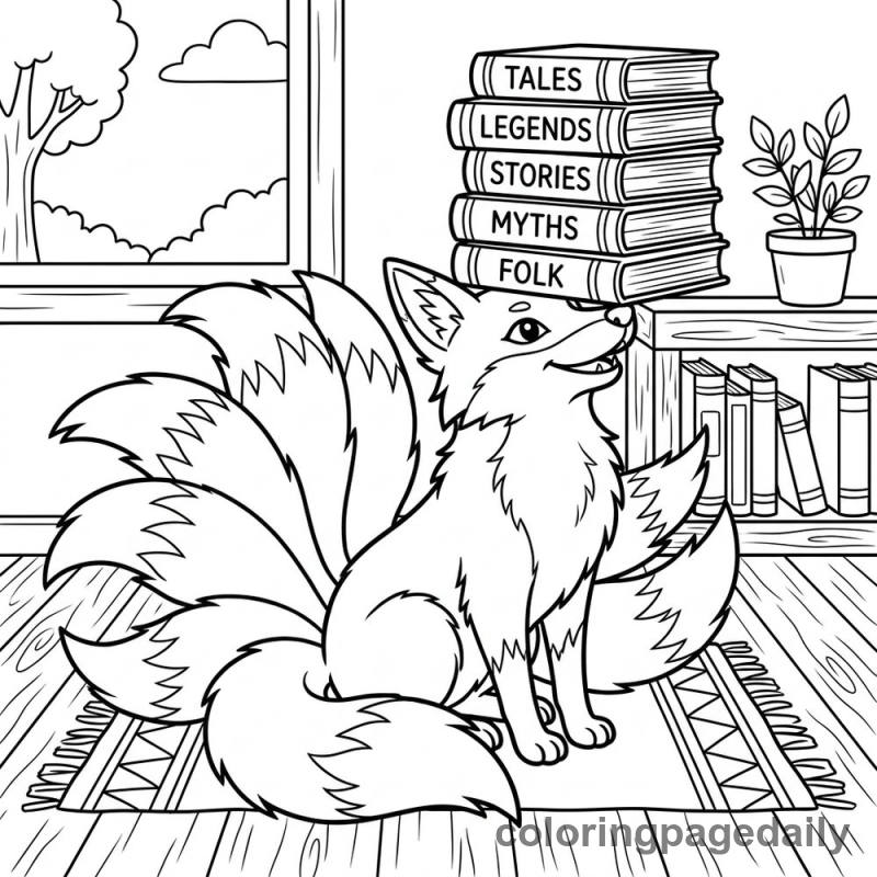 Kitsune Balancing Hardcover Books - Daily printable coloring page in Mythical Creature category
