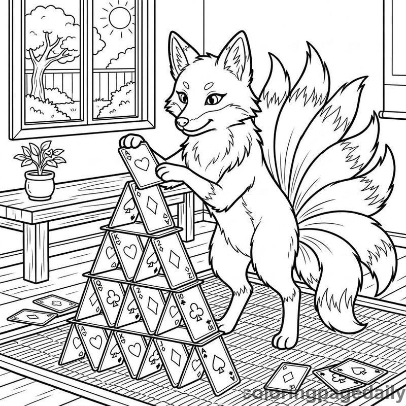 Kitsune Building Card House - Daily printable coloring page in Mythical Creature category