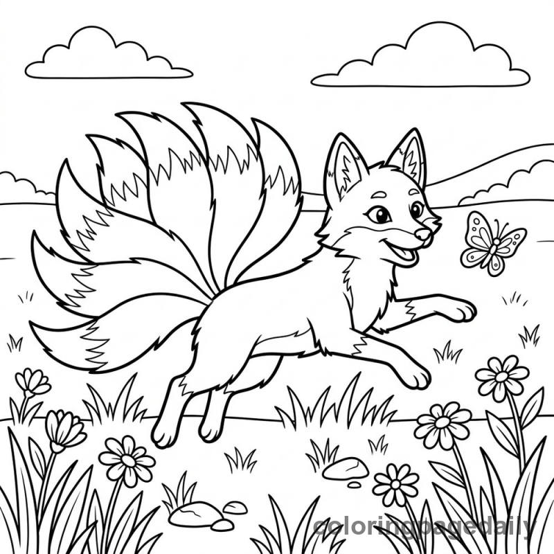 Kitsune Chasing Butterfly - Colored reference example