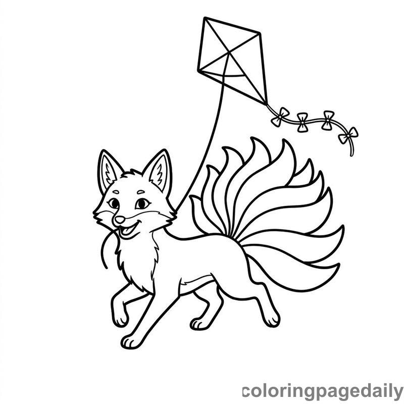 Kitsune Flying A Kite - Daily printable coloring page in Mythical Creature category