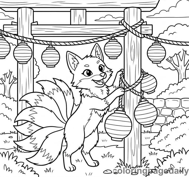 Kitsune Hanging Paper Lanterns - Daily printable coloring page in Mythical Creature category