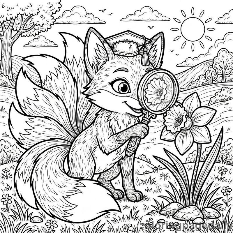 Kitsune Inspecting Spring Daffodil - Colored reference example