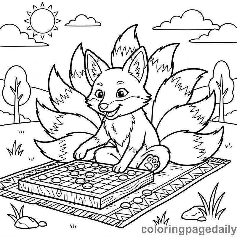 Kitsune Playing Board Game - Daily printable coloring page in Mythical Creature category