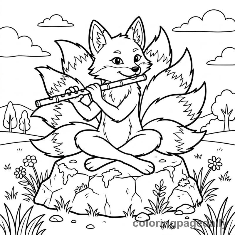 Kitsune Playing Flute - Daily printable coloring page in Mythical Creature category