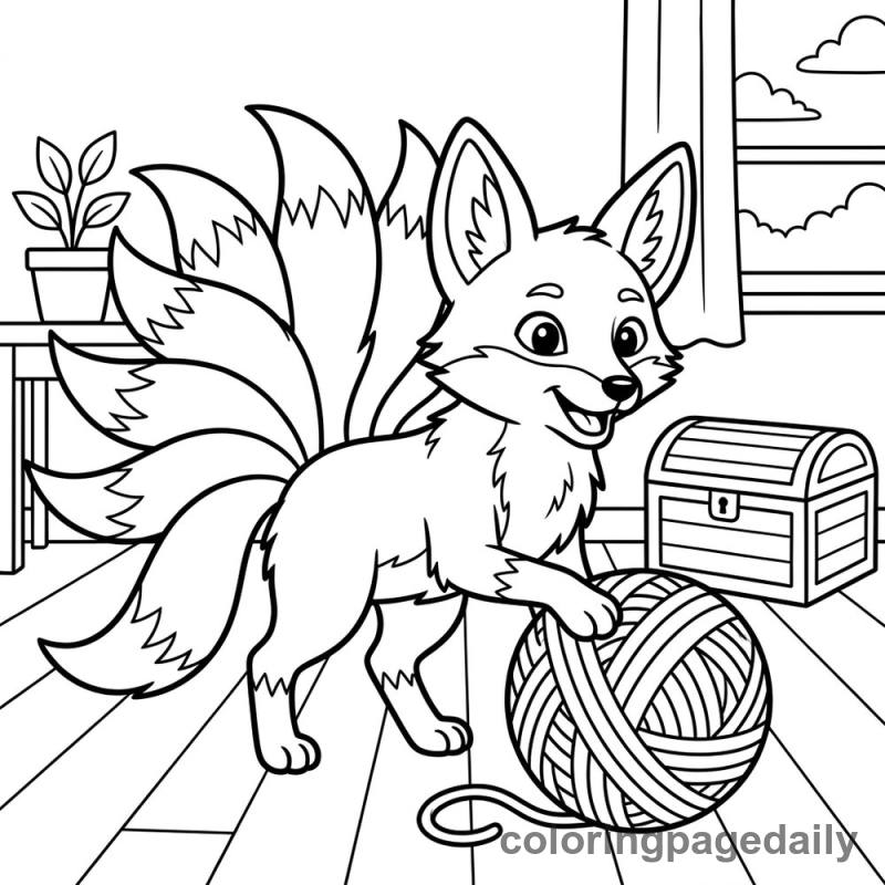 Kitsune Playing with Yarn - Colored reference example