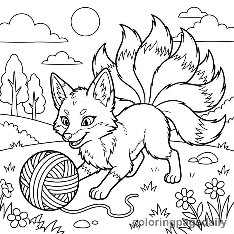Kitsune Playing With Yarn - Daily printable coloring page in Mythical Creature category