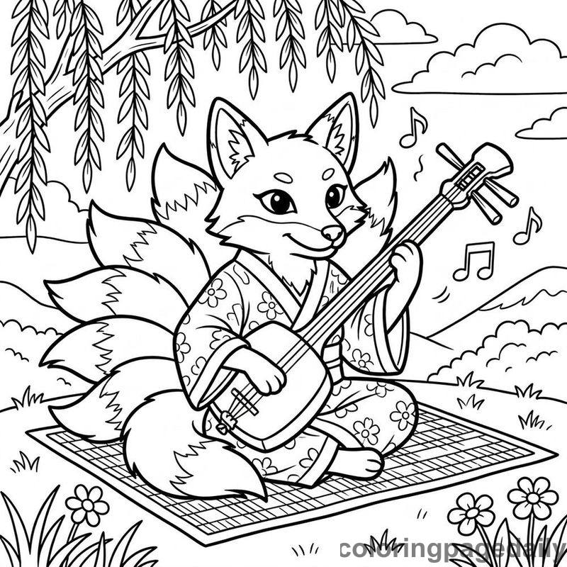 Kitsune Playing Wooden Shamisen - Daily printable coloring page in Mythical Creature category
