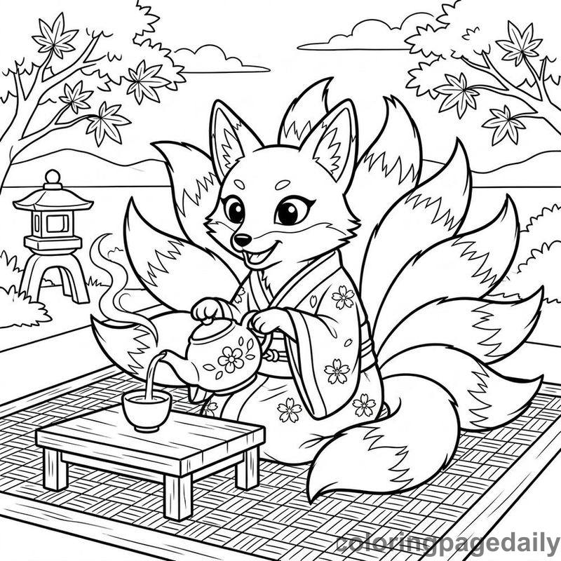 Kitsune Pouring Traditional Tea - Colored reference example