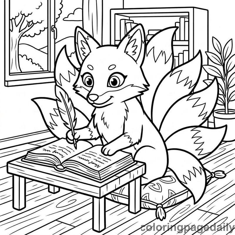 Kitsune Writing In Journal - Daily printable coloring page in Mythical Creature category