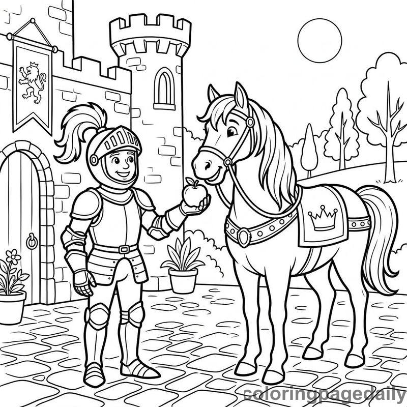 Knight Feeding Royal Horse - Daily printable coloring page in Fairy Tales category