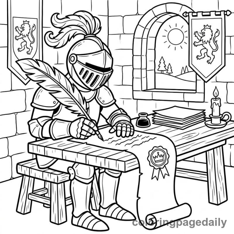 Knight Writing Royal Scroll - Daily printable coloring page in Fairy Tales category