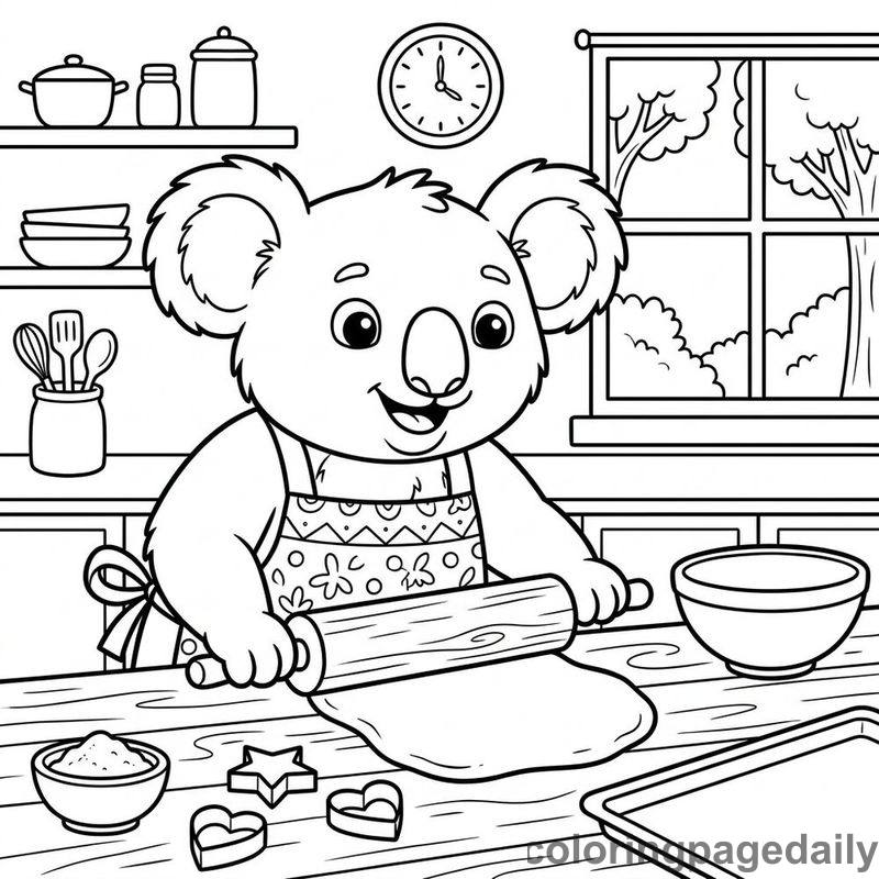 Koala Baking Pastries - Daily printable coloring page in Animals category