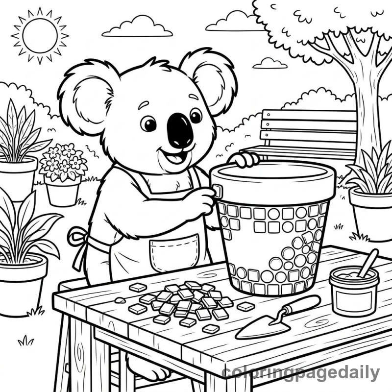 Koala Making Mosaic Pot - Daily printable coloring page in Animals category
