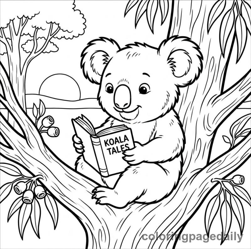 Koala Reading Book - Daily printable coloring page in Animals category