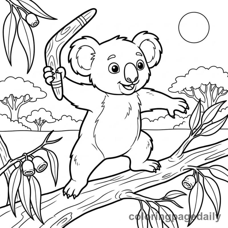 Koala Throwing Boomerang - Daily printable coloring page in Animals category