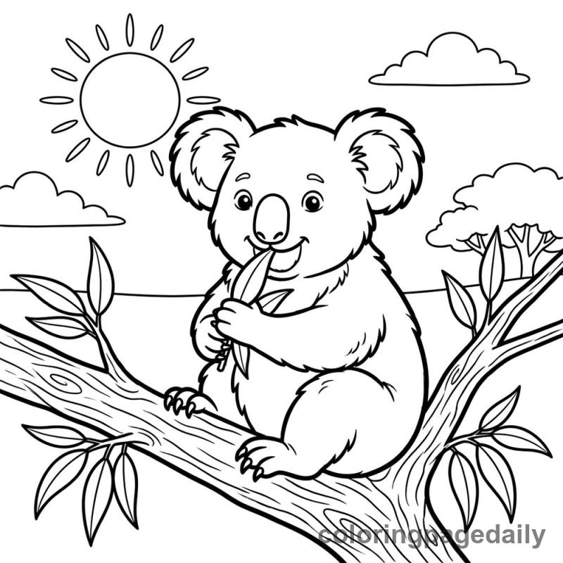Koby the Koala’s Sunny Eucalyptus Feast - story illustration coloring page
