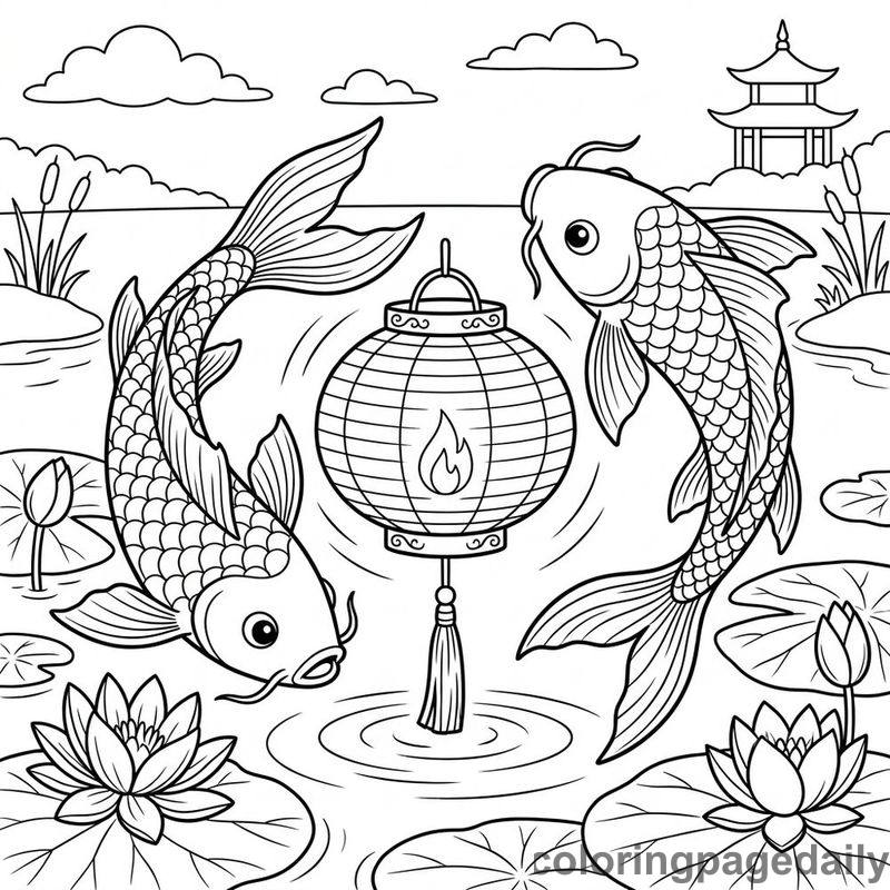 Koi Fish And Floating Lantern - Colored reference example
