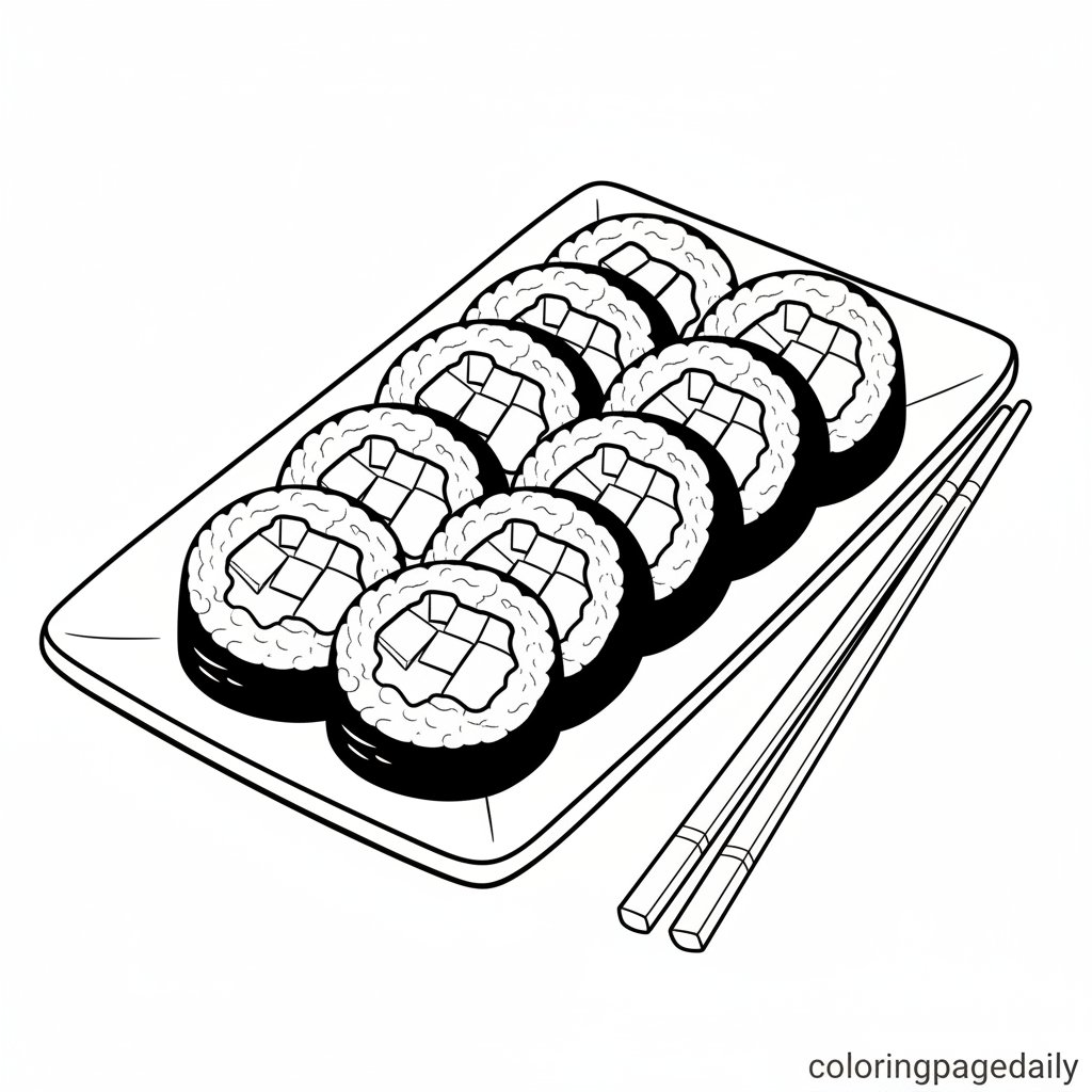 Sepiring Kimbap Gulung Korea - Gambar mewarnai harian siap cetak dalam kategori Makanan