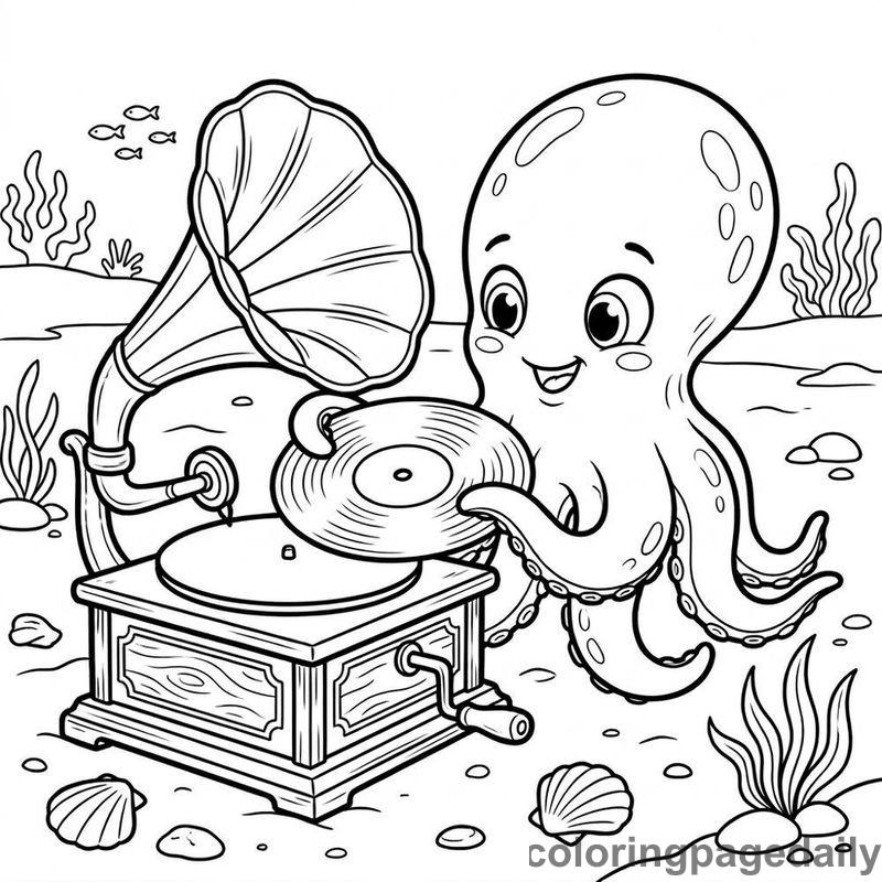 Kraken Playing Vintage Gramophone - Daily printable coloring page in Mythical Creature category