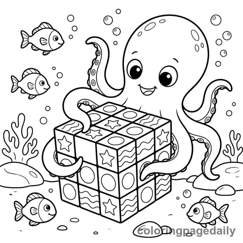 Kraken Solves a Puzzle - Daily printable coloring page in Mythical Creature category
