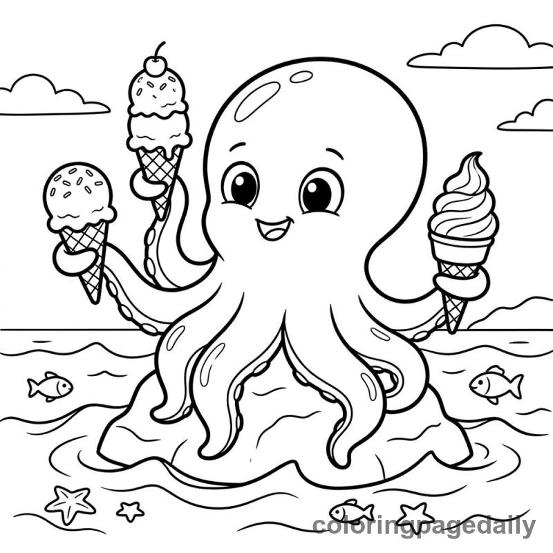 Kraken's Ice Cream Treat - Daily printable coloring page in Mythical Creature category