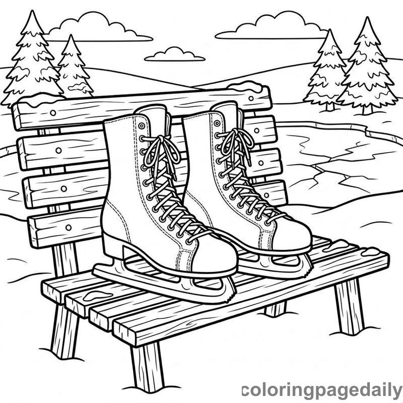 Laced Ice Skates On Bench - Daily printable coloring page in Winter and Snow Season category