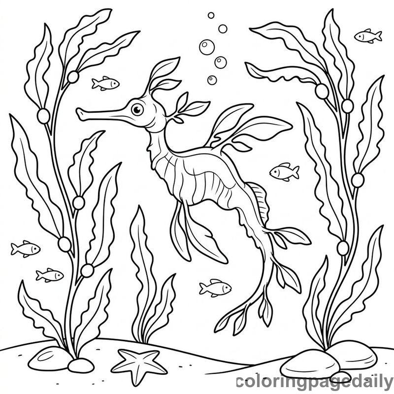 Leafy Seadragon Kelp Forest - Daily printable coloring page in Ocean and Underwater Life category