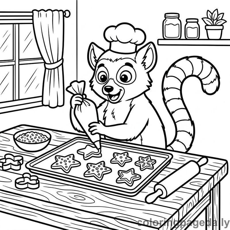 Lemur Decorating Sugar Cookies - Daily printable coloring page in Animals category